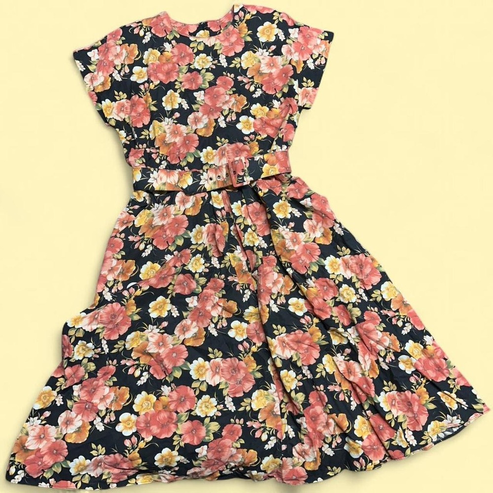 Vintage Floral Belted Dress Black Pink Retro Swing Midi Twee Whimsygoth 50s